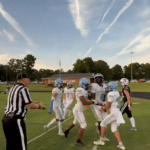 Caleb Milton celebrates his pick-six touchdown in Union Pines’ season-opening win. It was one of five scores on the day for the senior two-way player. (Union Pines Viking Football Twitter/X account)